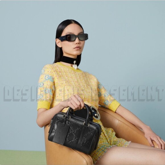 GUCCI black Calf TENNIS perforated GG Embossed Mini Duffle BOSTON strap Bag + π - Picture 3 of 10